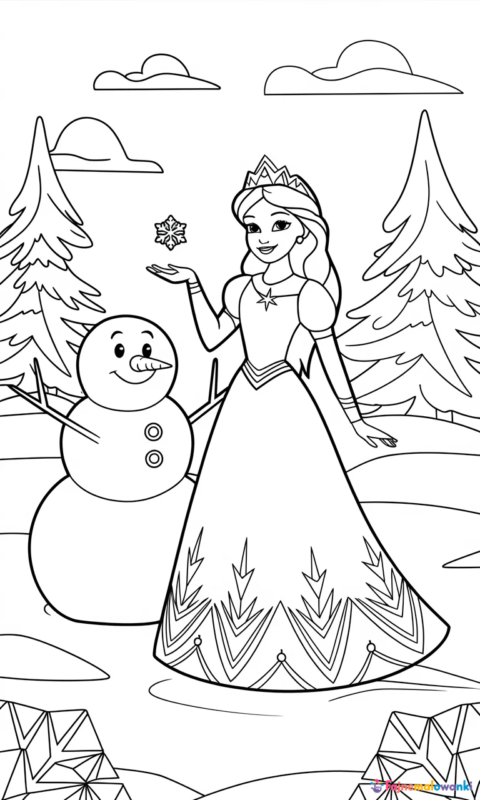 Kolorowanka dla dzieci z magiczną księżniczką i wesołym bałwankiem w zimowym krajobrazie do wydruku - frozen kraina lodu kolorowanki