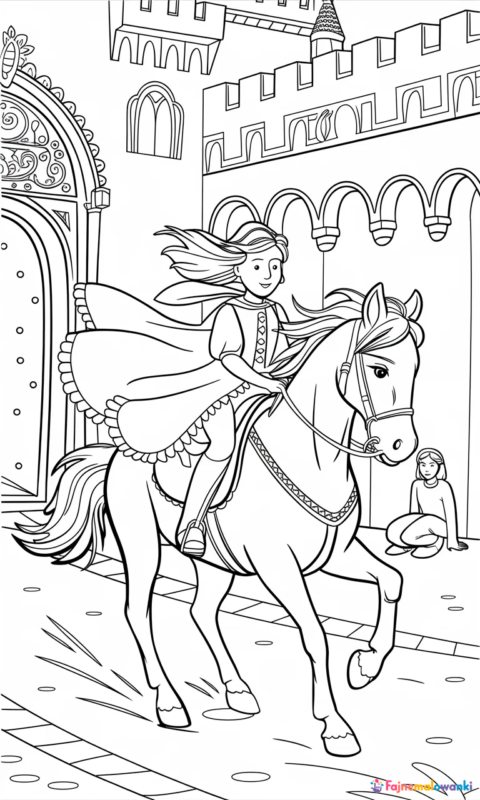 kolorowanka dla dzieci z księżniczką na koniu galopującą przez dziedziniec zamku
