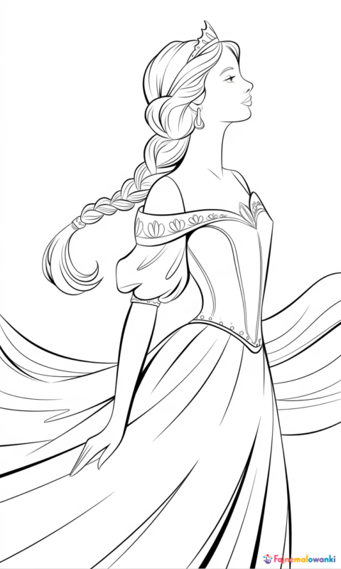 kolorowanka księżniczki w sukni z warkoczem