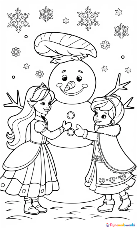 kolorowanka dla dzieci z dwiema księżniczkami lepiącymi bałwana zimą