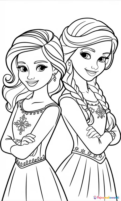 kolorowanka dla dzieci z dwiema księżniczkami w sukniach zimowych do pokolorowania - frozen kraina lodu kolorowanki