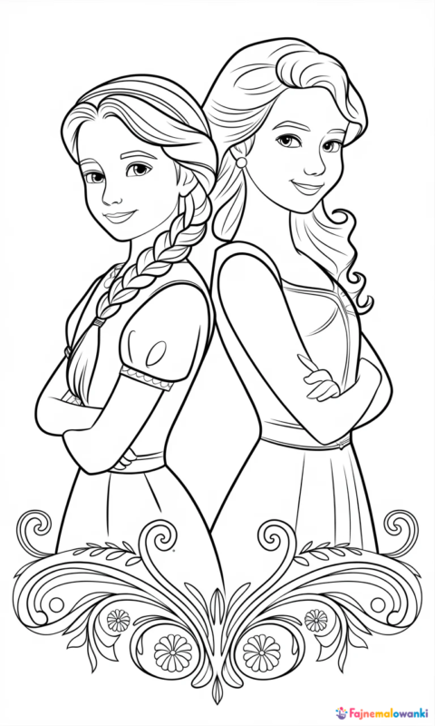 kolorowanka dla dzieci z dwiema księżniczkami w ozdobnej ramce