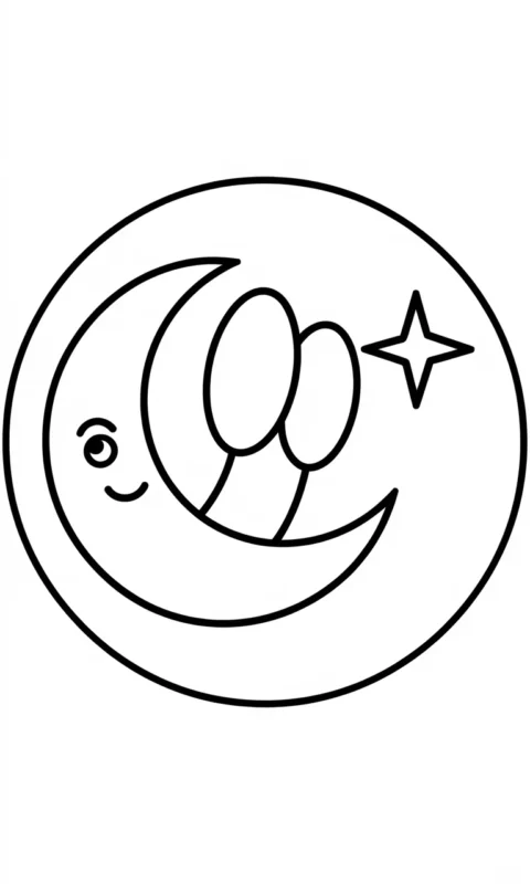 Kolorowanka dla dzieci przedstawiająca uśmiechnięty księżyc z gwiazdką