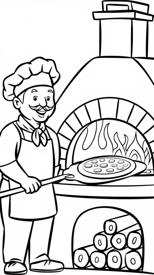 Kolorowanka: Pizzerman wkłada pizzę do pieca na Dzień Pizzy