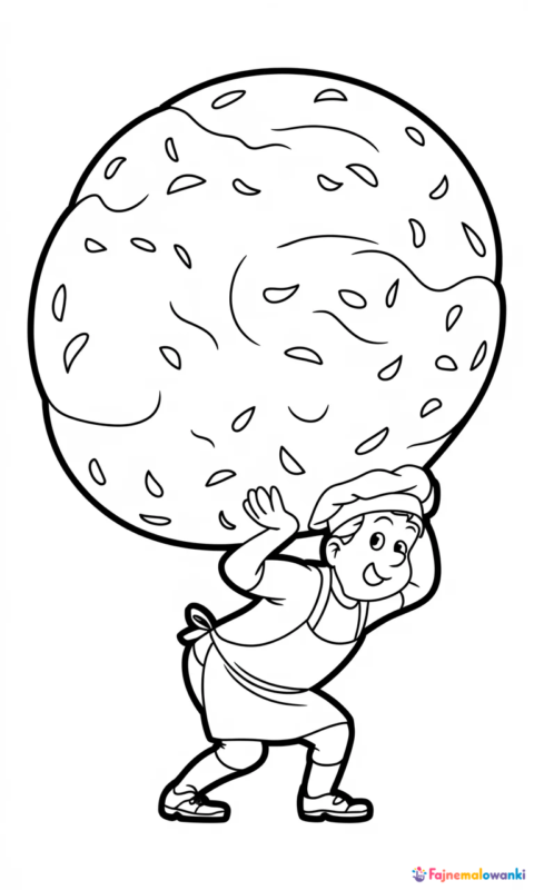kolorowanka dla dzieci z zabawnym kucharzem niosącym ogromny ziemniak