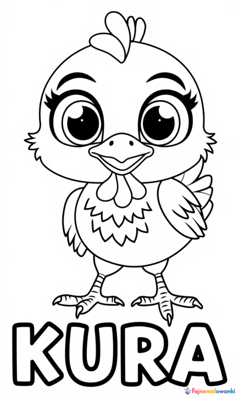 Kolorowanka dla dzieci przedstawiająca uroczego kurczaczka z dużymi oczami i pióropuszem na głowie