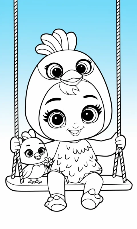 kolorowanka dla dzieci z uroczym dzieckiem w stroju kurczaczka na huśtawce i ptaszkiem z kwiatkiem - kolorowanki cry babies