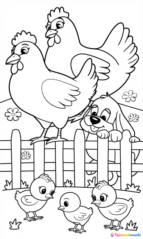 kolorowanka dla dzieci przedstawiająca kurki z pisklętami i szczeniaczka na podwórku wiejskim do pokolorowania - kolorowanki farma i wieś