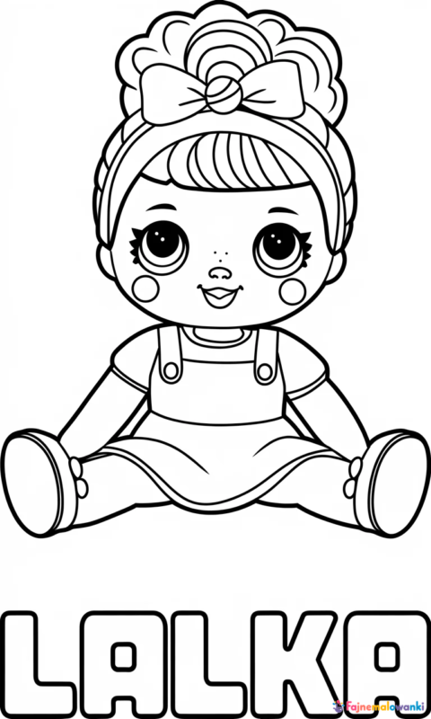 Kolorowanka dla dzieci przedstawiająca uroczą lalkę w sukience i z kokardką