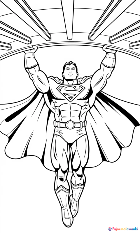 kolorowanka dla dzieci z bohaterem w pelerynie unoszącym belki konstrukcyjne