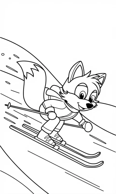 kolorowanka dla dzieci przedstawiająca lisa na nartach zjeżdżającego ze stoku