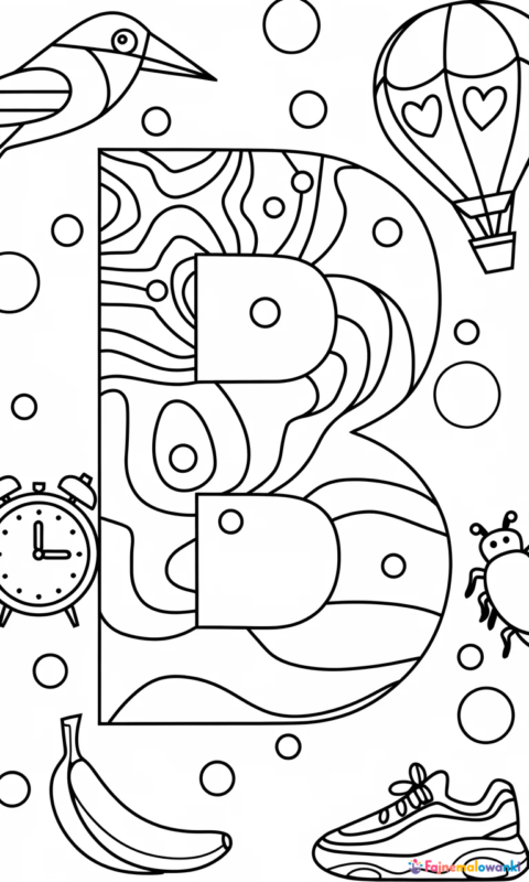 Kolorowanka edukacyjna z literą B oraz dekoracyjnymi elementami do nauki alfabetu dla przedszkolaków - kolorowanki alfabet litera b