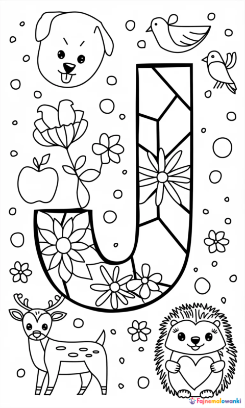 Kolorowanka edukacyjna dla dzieci z literą J ozdobioną wzorami