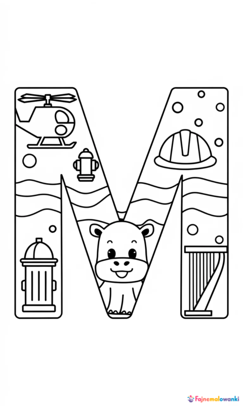 Kreatywna kolorowanka dla dzieci przedstawiająca ozdobną literę M z ukrytymi elementami i zwierzątkami do pokolorowania - kolorowanki alfabet litera h