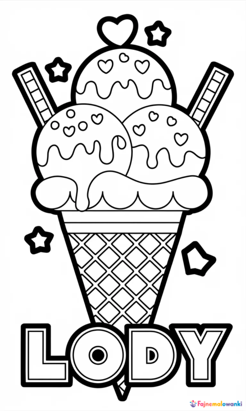 Kolorowanka dla dzieci przedstawiająca lody w wafelku z polewą i waferkami do samodzielnego pokolorowania - kolorowanki litera l