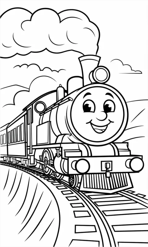 kolorowanka dla dzieci przedstawiająca wesoły pociąg parowy jadący po torach przez pagórkowaty krajobraz - kolorowanki tomek i przyjaciele