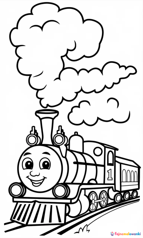 Kolorowanka dla dzieci z uśmiechniętą lokomotywą parową