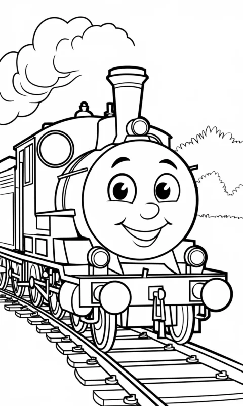 kolorowanka dla dzieci przedstawiająca uśmiechniętą lokomotywę na torach kolejowych do pokolorowania - kolorowanki dla dzieci