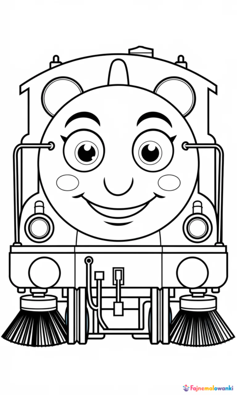 kolorowanka dla dzieci przedstawiająca uśmiechniętą lokomotywę-zamiatarkę z dużymi oczami i szczotkami - kolorowanki stacyjkowo