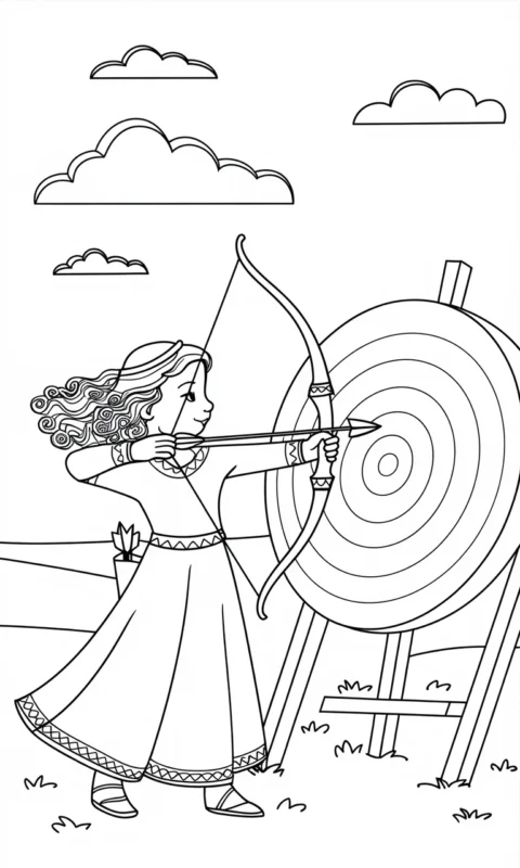 kolorowanka dla dzieci przedstawiająca łuczniczkę w długiej sukni celującą z łuku do tarczy strzelniczej - kolorowanki merida waleczna