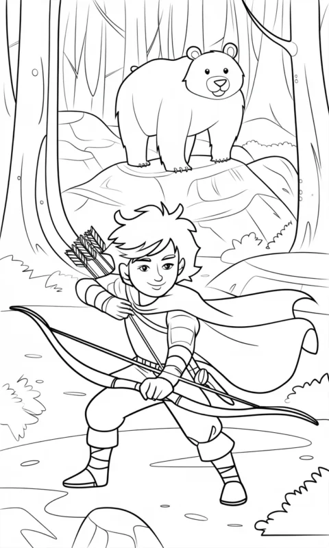 kolorowanka dla dzieci przedstawiająca młodego łucznika w lesie z niedźwiedziem