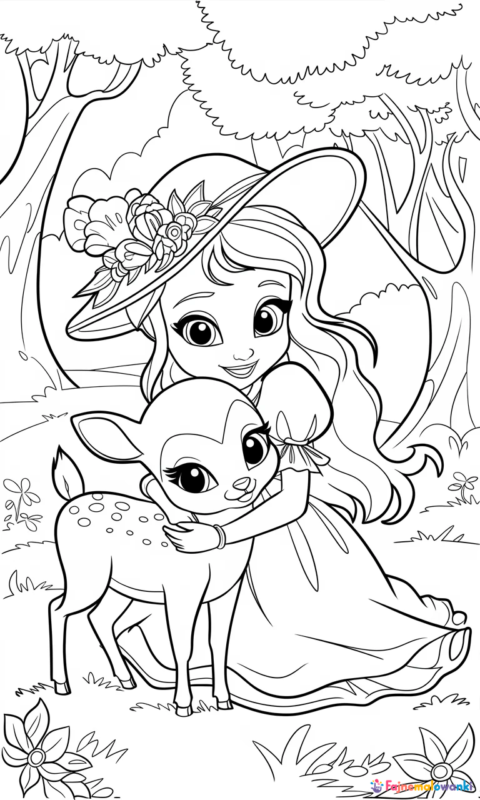 Kolorowanka dla dzieci z magiczną postacią i jelonkiem w leśnej scenerii