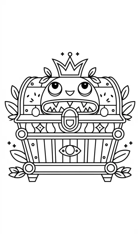 kolorowanka dla dzieci przedstawiająca magiczną skrzynię skarbów z twarzą potwora