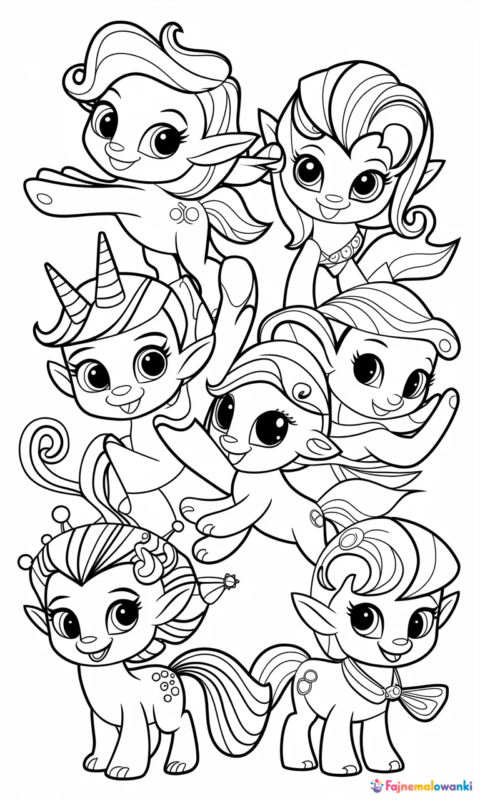 Kolorowanka dla dzieci z grupą magicznych stworzeń w zabawnych pozach