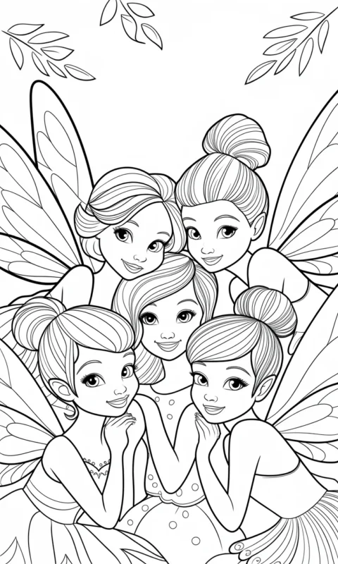 kolorowanka dla dzieci z pięcioma wróżkami w otoczeniu liści
