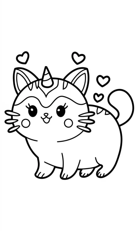 kolorowanka dla dzieci z uroczym jednorożcem-kotkiem z serduszkami do wydruku i pokolorowania - kolorowanki pusheen