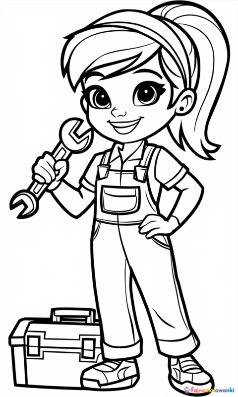 kolorowanka dla dzieci przedstawiająca małą mechaniczkę z kluczem i skrzynką narzędziową