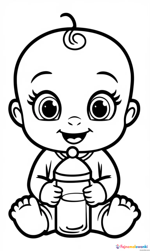 kolorowanka dla dzieci przedstawiająca słodkie dziecko z butelką do pokolorowania