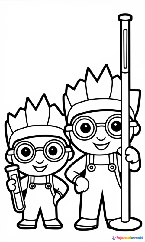 Kolorowanka dla dzieci z zabawnymi postaciami naukowców w laboratorium