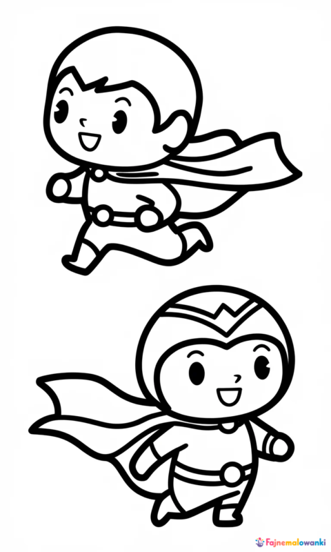 Kolorowanka dla dzieci przedstawiająca dwie zabawne postaci superbohaterów w stylu chibi do pokolorowania - kolorowanki superzings