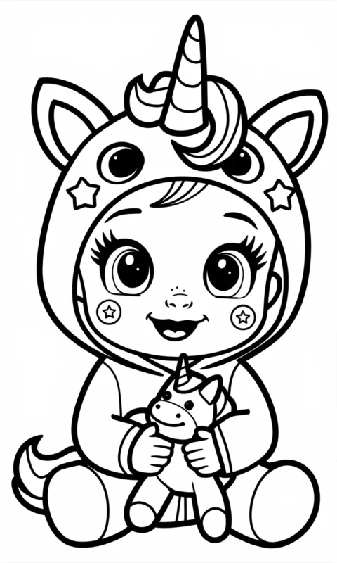 kolorowanka dla dzieci z małym dzieckiem w stroju jednorożca