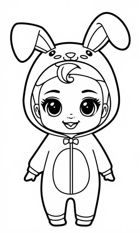 Kolorowanka dla dzieci z uroczym maluchem w stroju króliczka