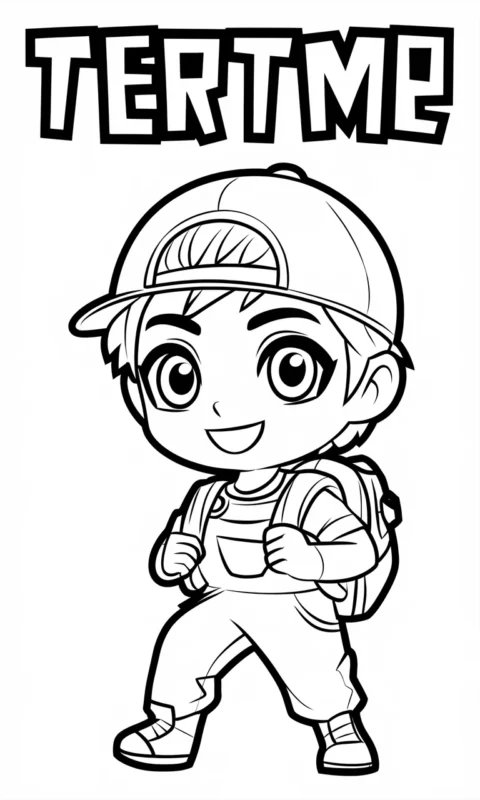 kolorowanka z postacią małego bohatera w czapce i kombinezoniku