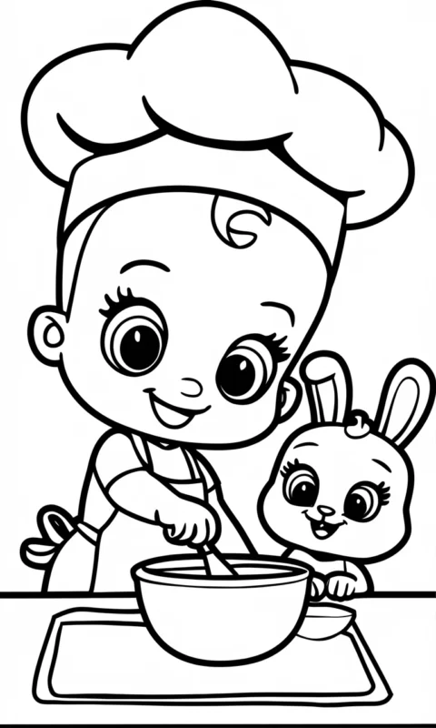 kolorowanka dla dzieci przedstawiająca małego kucharza w kuchni z króliczkiem