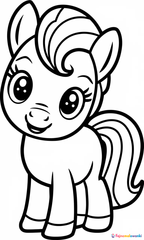 kolorowanka dla dzieci przedstawiająca uroczego kucyka z falowaną grzywą i ogonem do pokolorowania - kolorowanki konie