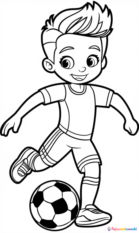 kolorowanka dla dzieci przedstawiająca małego piłkarza z piłką do kolorowania