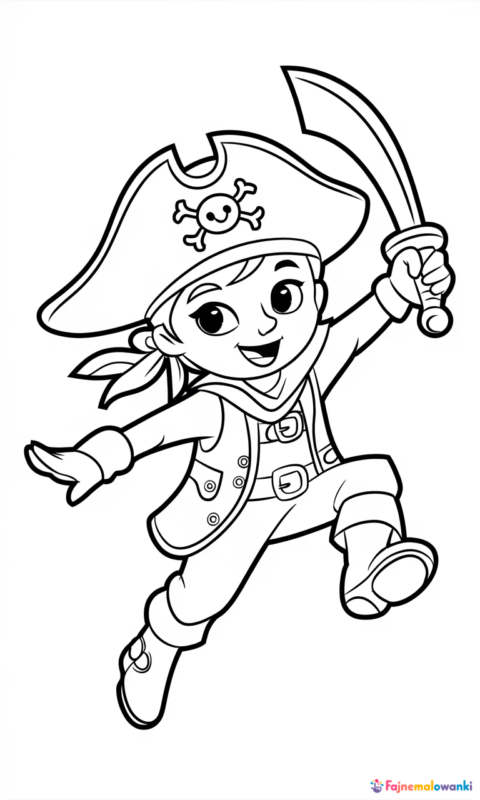 kolorowanka dla dzieci przedstawiająca małego marynarza w stroju pirata skaczącego z mieczem w dłoni - kolorowanki jake i piraci z nibylandii