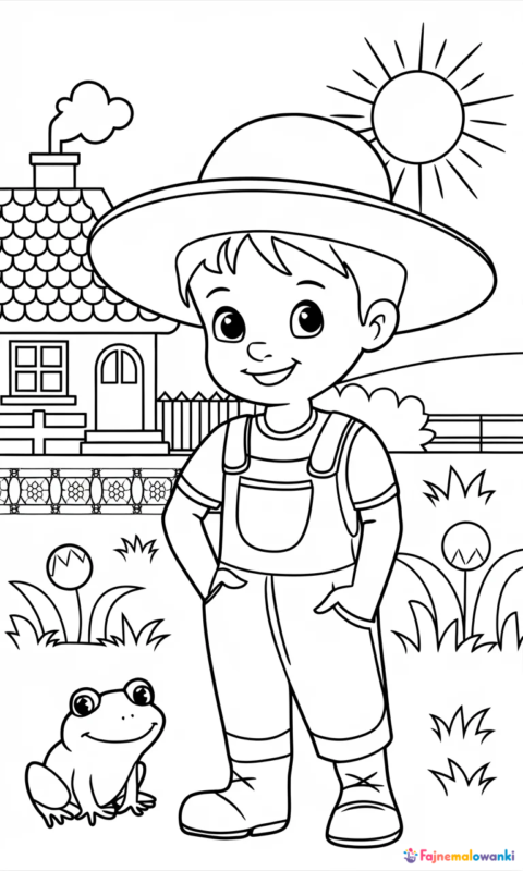 kolorowanka dla dzieci przedstawiająca małego rolnika z żabką na wiejskim podwórku przed domkiem - kolorowanki żaba