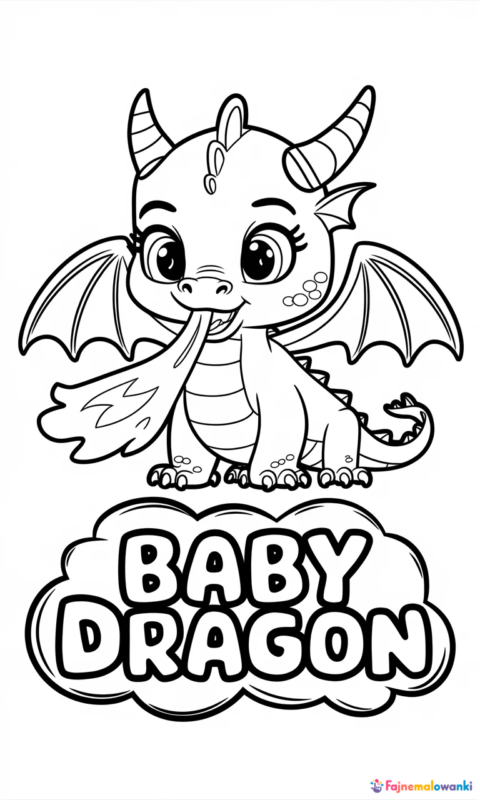 kolorowanka dla dzieci przedstawiająca małego smoka ziejącego ogniem