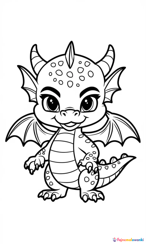 Kolorowanka dla dzieci przedstawiająca małego smoka z rozpostartymi skrzydłami i płomieniami w tle - kolorowanki spyro