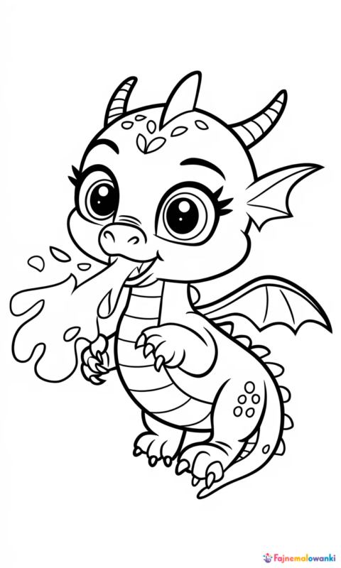kolorowanka dla dzieci przedstawiająca uroczego małego smoka ziejącego ogniem