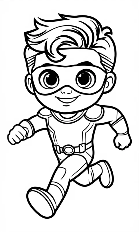 kolorowanka dla dzieci przedstawiająca małego superbohatera w masce i stroju do pokolorowania - kolorowanki iniemamocni