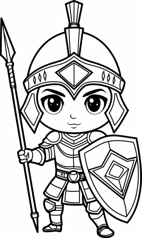 kolorowanka dla dzieci przedstawiająca małego wojownika w zbroi z włócznią i tarczą