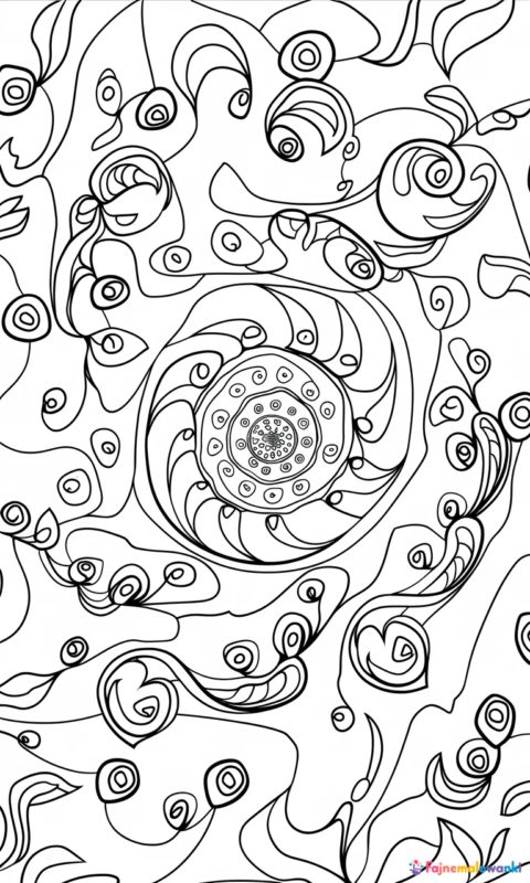 kolorowanka dla dorosłych mandala abstrakcyjna ze spiralnym wzorem i dekoracyjnymi elementami roślinnymi do wydruku - kolorowanki relaksacyjne i antystresowe