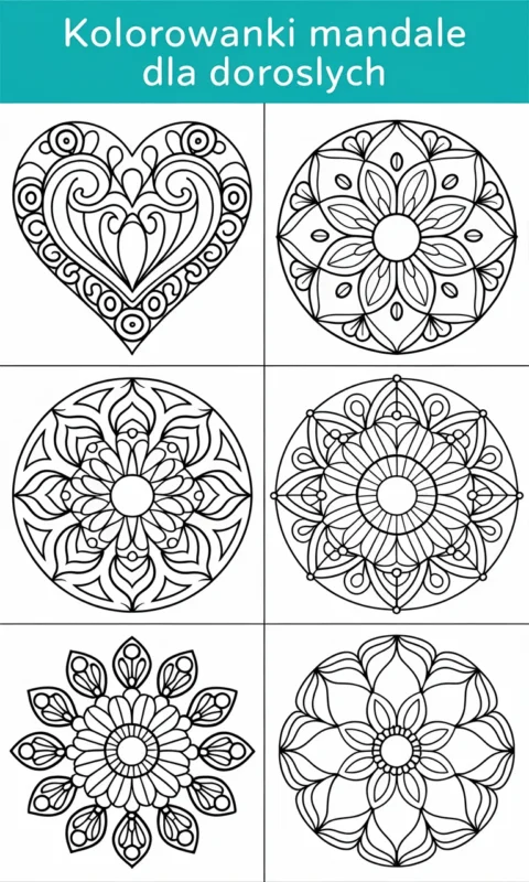 Kolorowanka mandali dla dorosłych z siedmioma różnymi wzorami geometrycznymi do relaksacyjnego kolorowania - kolorowanki relaksacyjne i antystresowe