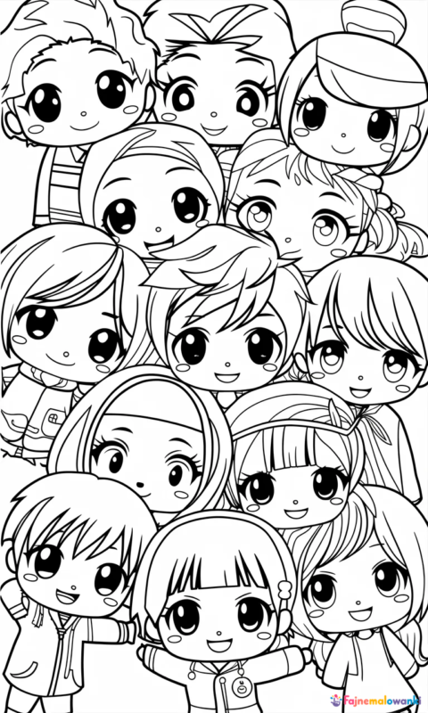 kolorowanka manga dla dzieci z grupą postaci anime w stylu chibi do pokolorowania